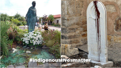 Vandals splashed paint on statues at Carmel Mission and scrawled "Saint of Genocide" on a headstone. The incident is being investigated as a hate crime, authorities say. 